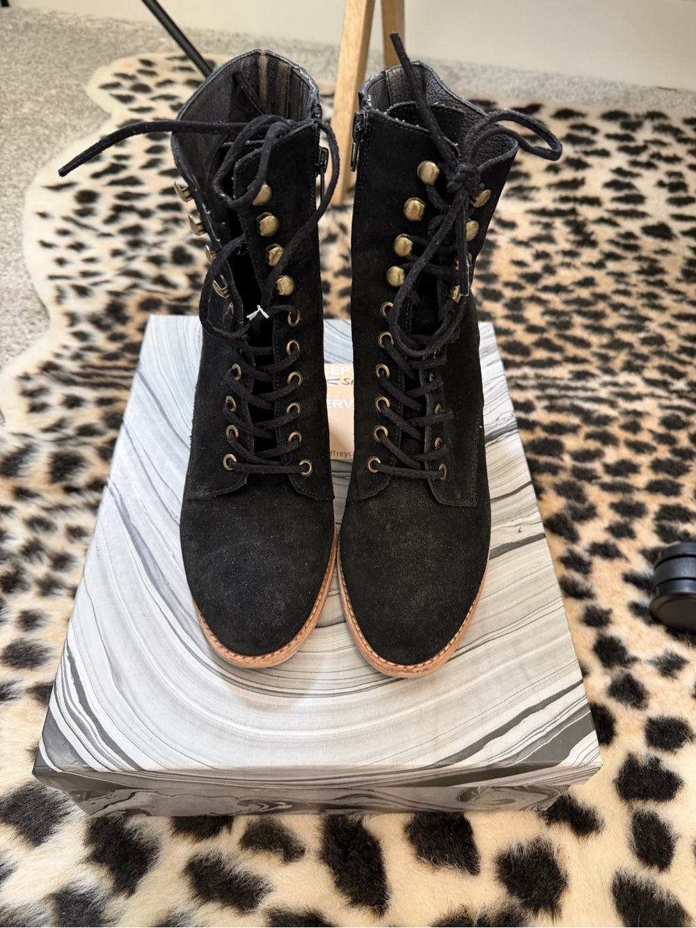 Jeffrey Campbell Delmar Black Faux Suede Lace-Up Ankle Boots with Brass Hooks